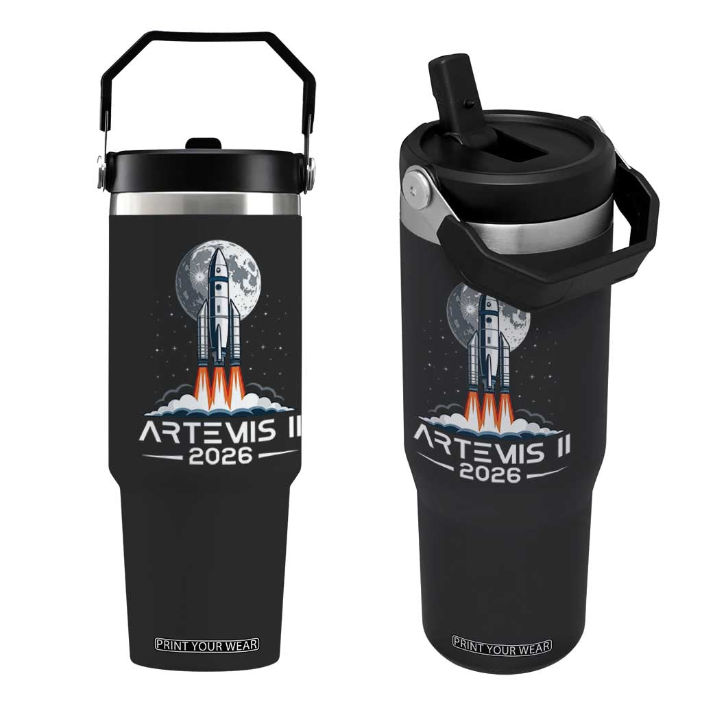 Lunar Journey 2026 Retro Rocket Launch Flip Straw Tumbler Space Exploration Astronomy Enthusiasts Sci-Fi Lovers TS02 One Size: 30 oz Black Print Your Wear