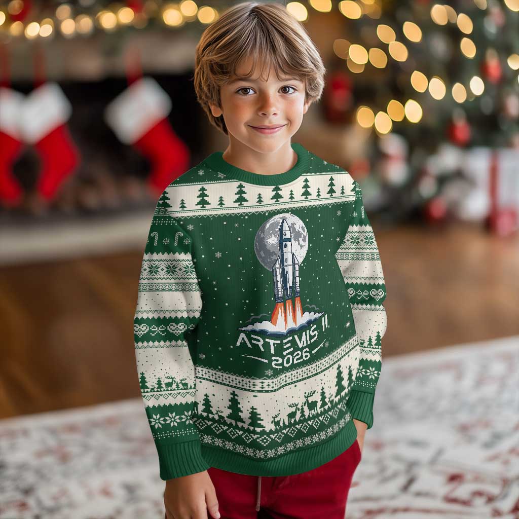 Lunar Journey 2026 Retro Rocket Launch Ugly Christmas Sweater Space Exploration Astronomy Enthusiasts Sci-Fi Lovers TS02 Forest Green Beige Print Your Wear