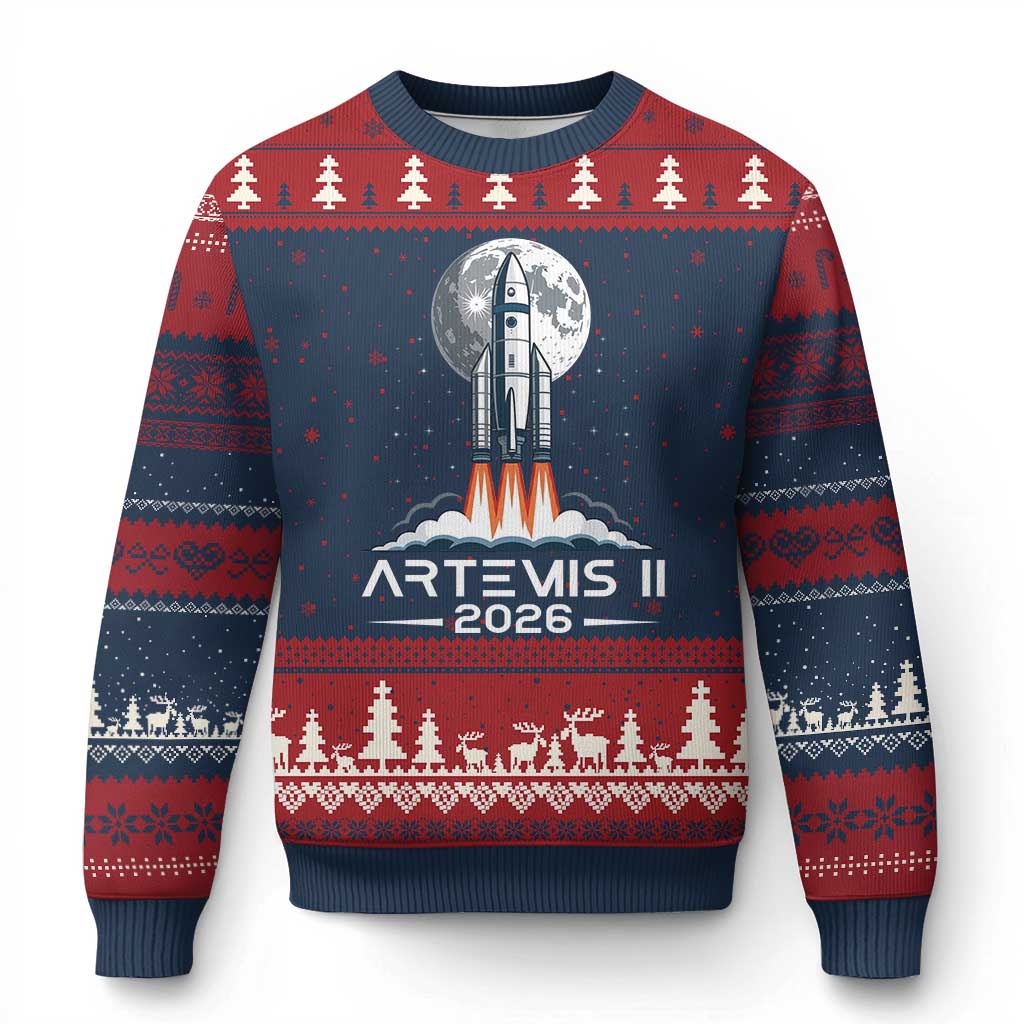 Lunar Journey 2026 Retro Rocket Launch Ugly Christmas Sweater Space Exploration Astronomy Enthusiasts Sci-Fi Lovers TS02 Navy Red Print Your Wear