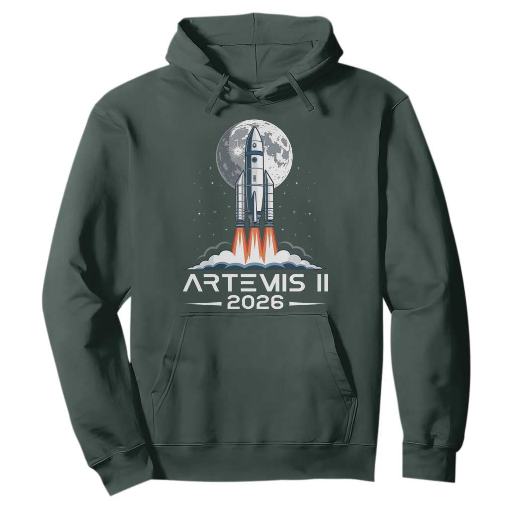 Lunar Journey 2026 Retro Rocket Launch Hoodie Space Exploration Astronomy Enthusiasts Sci-Fi Lovers TS02 Dark Forest Green Print Your Wear