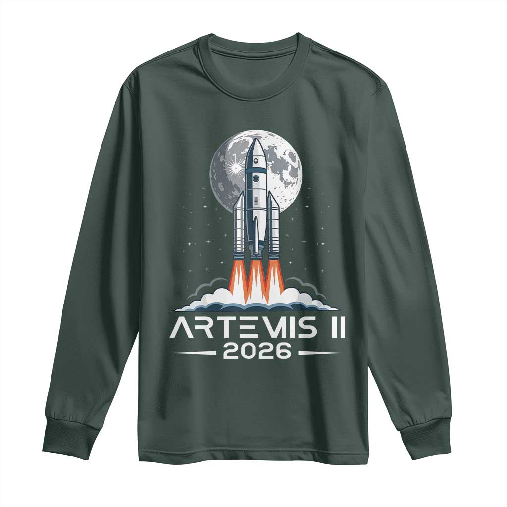 Lunar Journey 2026 Retro Rocket Launch Long Sleeve Shirt Space Exploration Astronomy Enthusiasts Sci-Fi Lovers TS02 Dark Forest Green Print Your Wear