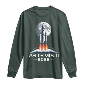 Lunar Journey 2026 Retro Rocket Launch Long Sleeve Shirt Space Exploration Astronomy Enthusiasts Sci-Fi Lovers TS02 Dark Forest Green Print Your Wear