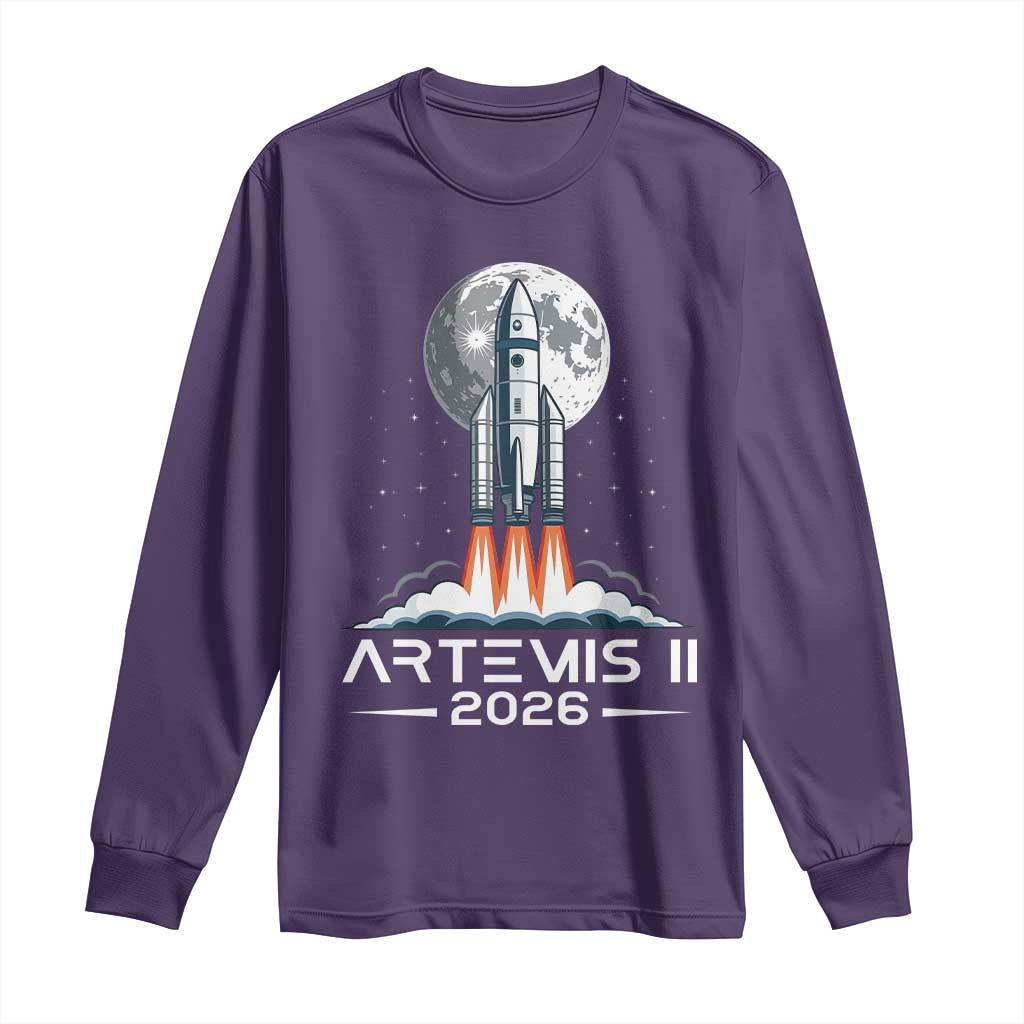 Lunar Journey 2026 Retro Rocket Launch Long Sleeve Shirt Space Exploration Astronomy Enthusiasts Sci-Fi Lovers TS02 Purple Print Your Wear
