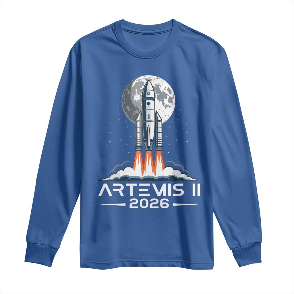 Lunar Journey 2026 Retro Rocket Launch Long Sleeve Shirt Space Exploration Astronomy Enthusiasts Sci-Fi Lovers TS02 Royal Blue Print Your Wear