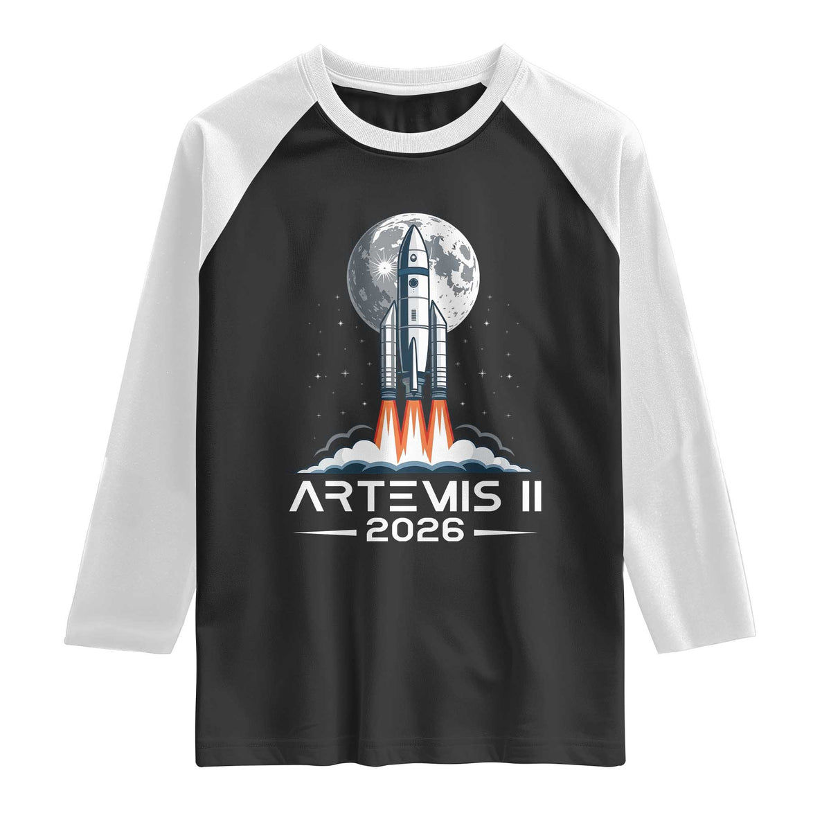 Lunar Journey 2026 Retro Rocket Launch Raglan Shirt Space Exploration Astronomy Enthusiasts Sci-Fi Lovers TS02 Black White Print Your Wear