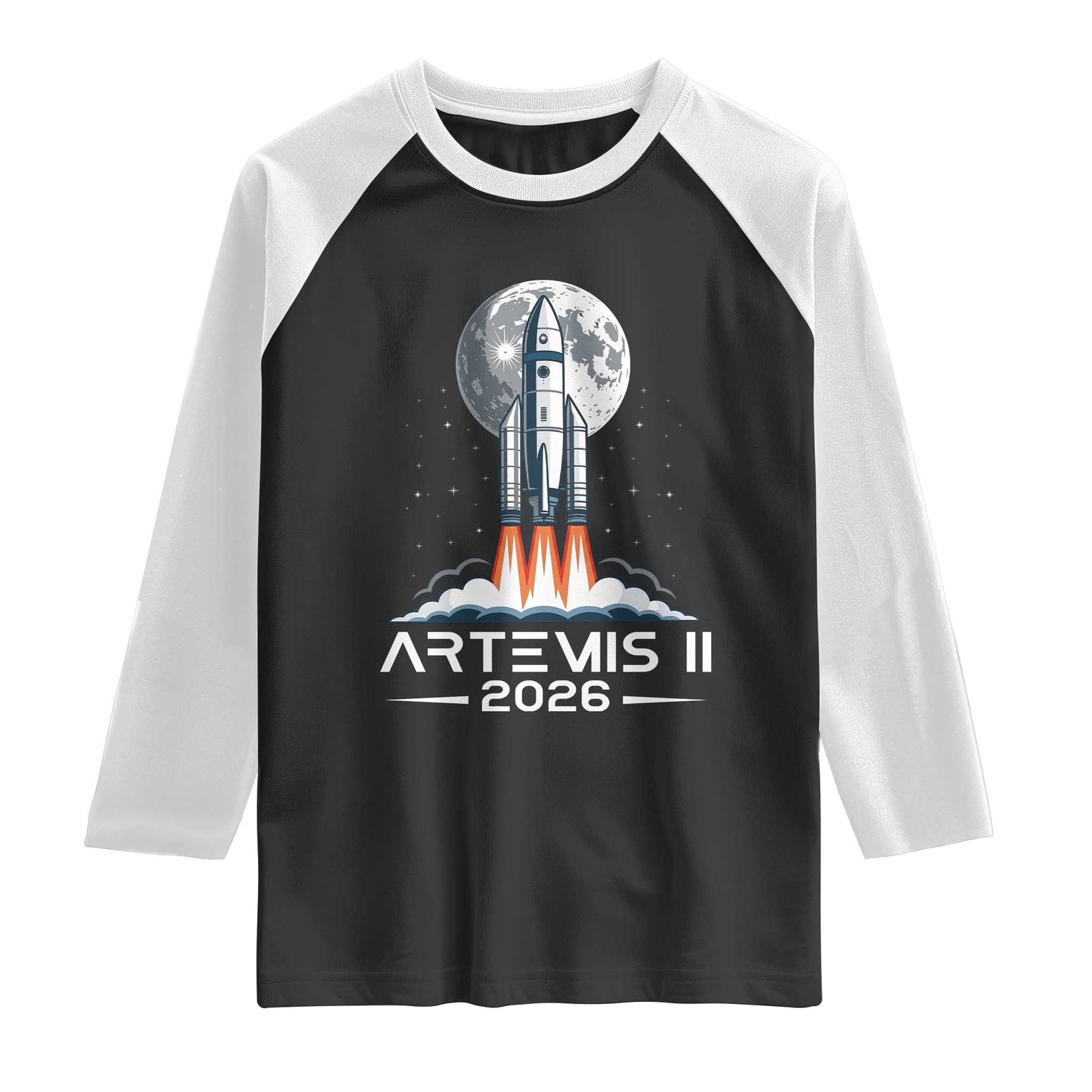Lunar Journey 2026 Retro Rocket Launch Raglan Shirt Space Exploration Astronomy Enthusiasts Sci-Fi Lovers TS02 Black White Print Your Wear
