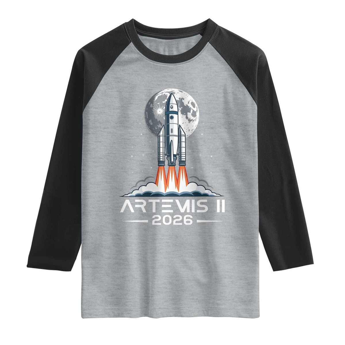 Lunar Journey 2026 Retro Rocket Launch Raglan Shirt Space Exploration Astronomy Enthusiasts Sci-Fi Lovers TS02 Heather Gray Black Print Your Wear