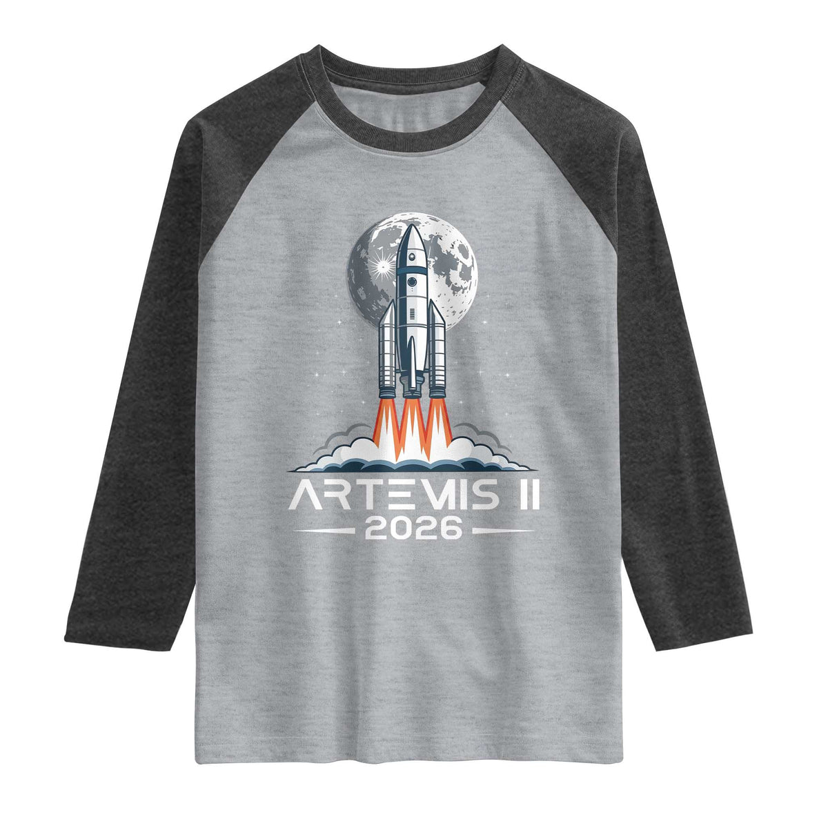 Lunar Journey 2026 Retro Rocket Launch Raglan Shirt Space Exploration Astronomy Enthusiasts Sci-Fi Lovers TS02 Heather Gray Heather Charcoal Print Your Wear