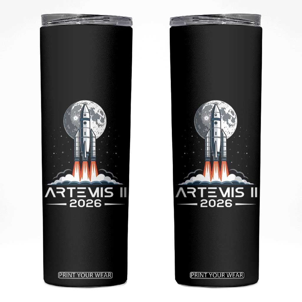 Lunar Journey 2026 Retro Rocket Launch Skinny Tumbler Space Exploration Astronomy Enthusiasts Sci-Fi Lovers TS02 Black Print Your Wear