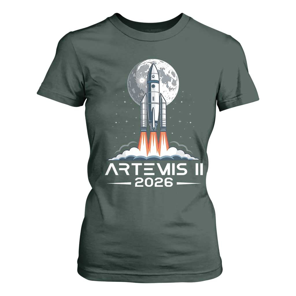 Lunar Journey 2026 Retro Rocket Launch T Shirt For Women Space Exploration Astronomy Enthusiasts Sci-Fi Lovers TS02 Dark Forest Green Print Your Wear