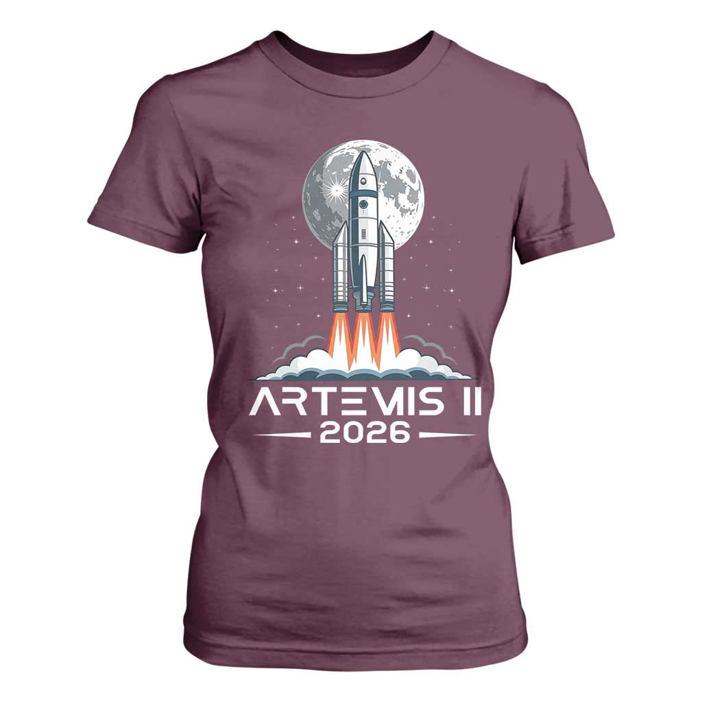 Lunar Journey 2026 Retro Rocket Launch T Shirt For Women Space Exploration Astronomy Enthusiasts Sci-Fi Lovers TS02 Maroon Print Your Wear