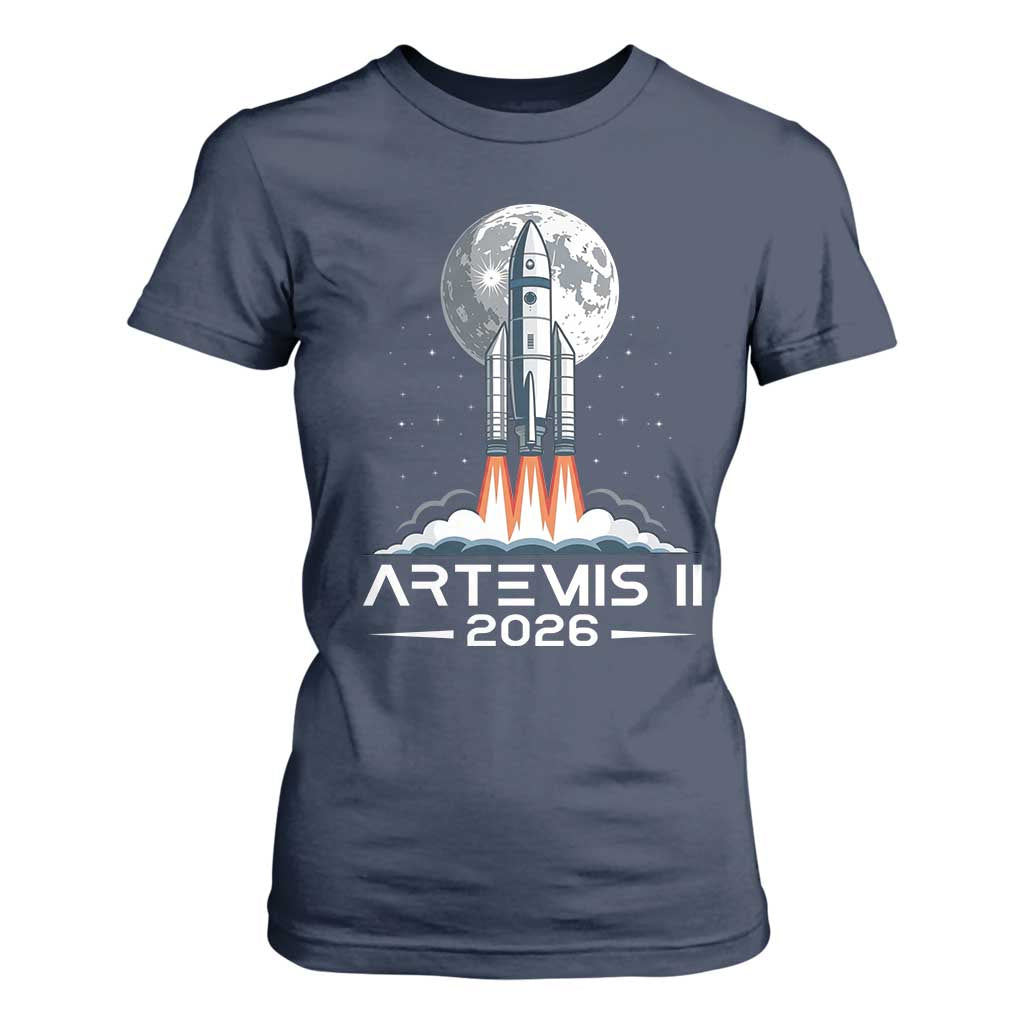 Lunar Journey 2026 Retro Rocket Launch T Shirt For Women Space Exploration Astronomy Enthusiasts Sci-Fi Lovers TS02 Navy Print Your Wear