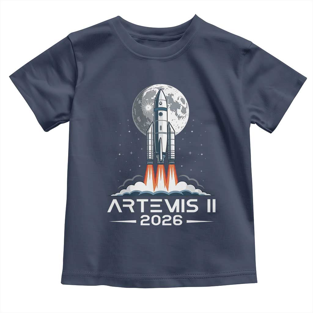 Lunar Journey 2026 Retro Rocket Launch Toddler T Shirt Space Exploration Astronomy Enthusiasts Sci-Fi Lovers TS02 Navy Print Your Wear