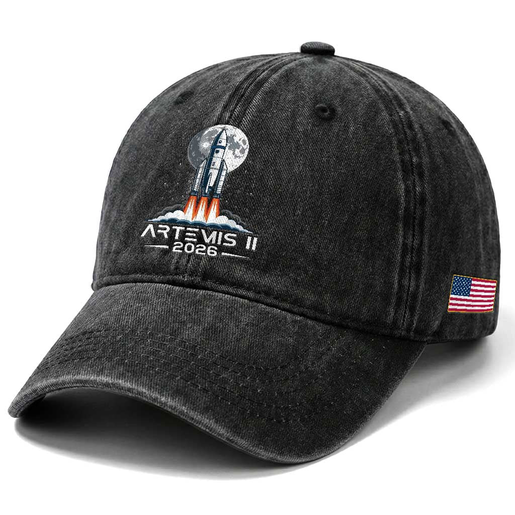 Lunar Journey 2026 Retro Rocket Launch Washed Cotton Baseball Cap Space Exploration Astronomy Enthusiasts Sci-Fi Lovers TS02 Print Your Wear