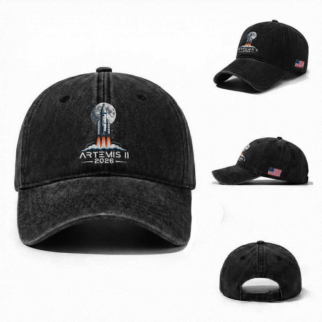 Lunar Journey 2026 Retro Rocket Launch Washed Cotton Baseball Cap Space Exploration Astronomy Enthusiasts Sci-Fi Lovers TS02 Washed Cap Universal Fit Black Print Your Wear
