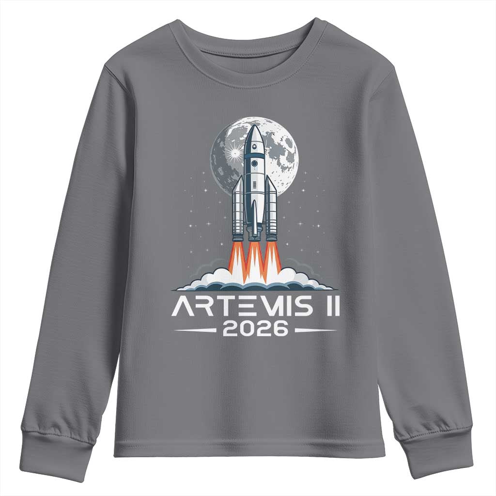 Lunar Journey 2026 Retro Rocket Launch Youth Sweatshirt Space Exploration Astronomy Enthusiasts Sci-Fi Lovers TS02 Charcoal Print Your Wear