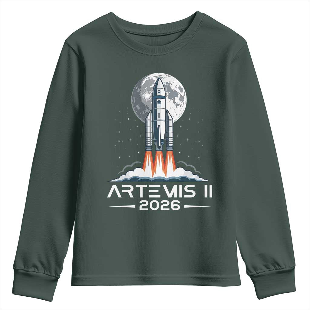 Lunar Journey 2026 Retro Rocket Launch Youth Sweatshirt Space Exploration Astronomy Enthusiasts Sci-Fi Lovers TS02 Dark Forest Green Print Your Wear