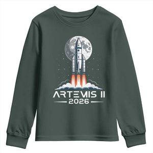 Lunar Journey 2026 Retro Rocket Launch Youth Sweatshirt Space Exploration Astronomy Enthusiasts Sci-Fi Lovers TS02 Dark Forest Green Print Your Wear