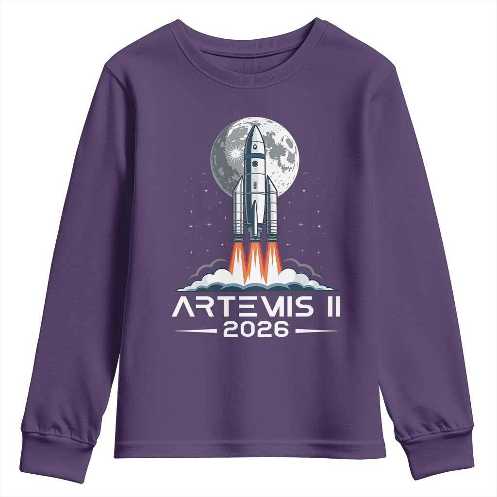 Lunar Journey 2026 Retro Rocket Launch Youth Sweatshirt Space Exploration Astronomy Enthusiasts Sci-Fi Lovers TS02 Purple Print Your Wear