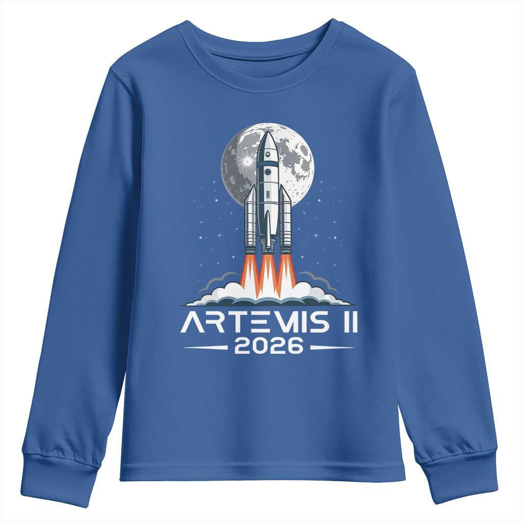 Lunar Journey 2026 Retro Rocket Launch Youth Sweatshirt Space Exploration Astronomy Enthusiasts Sci-Fi Lovers TS02 Royal Blue Print Your Wear