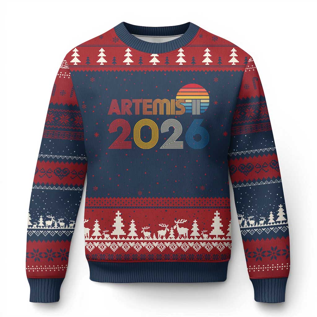 2026 Lunar Mission Retro Sunset Ugly Christmas Sweater Vintage Space Exploration Astronomy Enthusiasts Sci-Fi Lovers TS02 Navy Red Print Your Wear