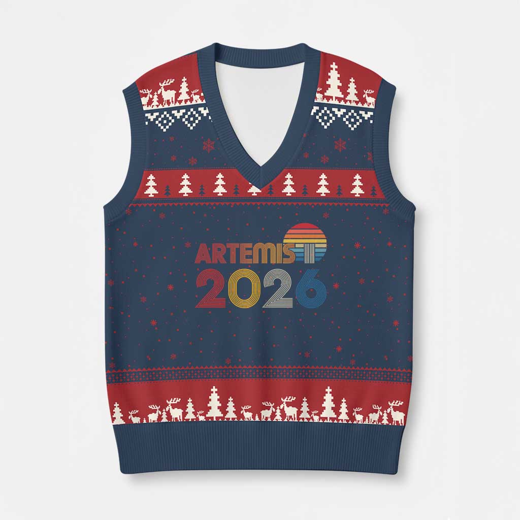 2026 Lunar Mission Retro Sunset V-Neck Knit Sweater Vest Vintage Space Exploration Astronomy Enthusiasts Sci-Fi Lovers TS02 Navy Red Print Your Wear