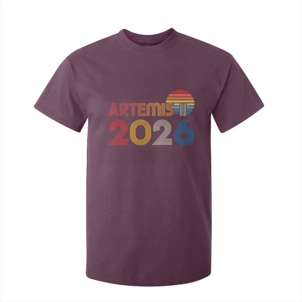 2026 Lunar Mission Retro Sunset T Shirt For Kid Vintage Space Exploration Astronomy Enthusiasts Sci-Fi Lovers TS02 Maroon Print Your Wear