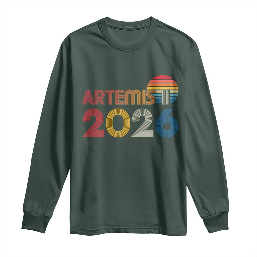 2026 Lunar Mission Retro Sunset Long Sleeve Shirt Vintage Space Exploration Astronomy Enthusiasts Sci-Fi Lovers TS02 Dark Forest Green Print Your Wear