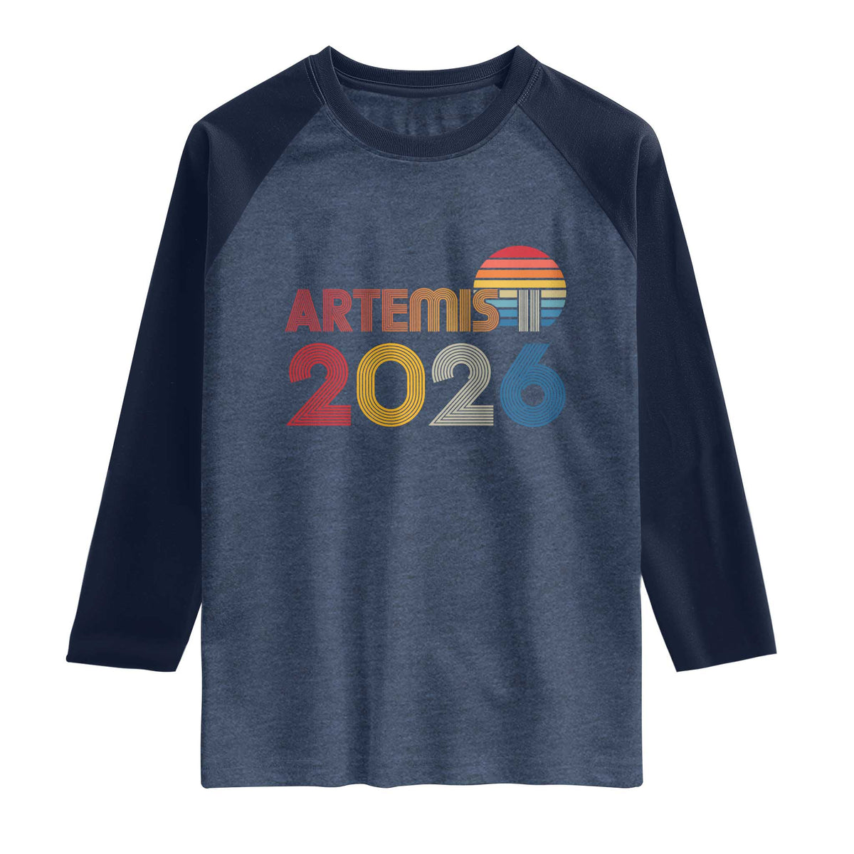 2026 Lunar Mission Retro Sunset Raglan Shirt Vintage Space Exploration Astronomy Enthusiasts Sci-Fi Lovers TS02 Heather Denim Navy Print Your Wear