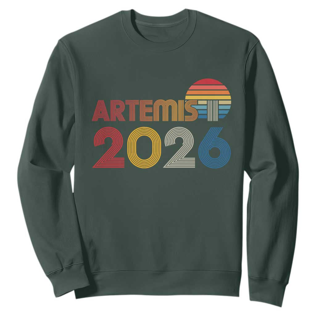 2026 Lunar Mission Retro Sunset Sweatshirt Vintage Space Exploration Astronomy Enthusiasts Sci-Fi Lovers TS02 Dark Forest Green Print Your Wear