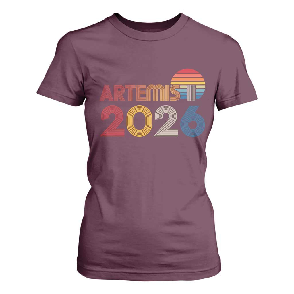 2026 Lunar Mission Retro Sunset T Shirt For Women Vintage Space Exploration Astronomy Enthusiasts Sci-Fi Lovers TS02 Maroon Print Your Wear
