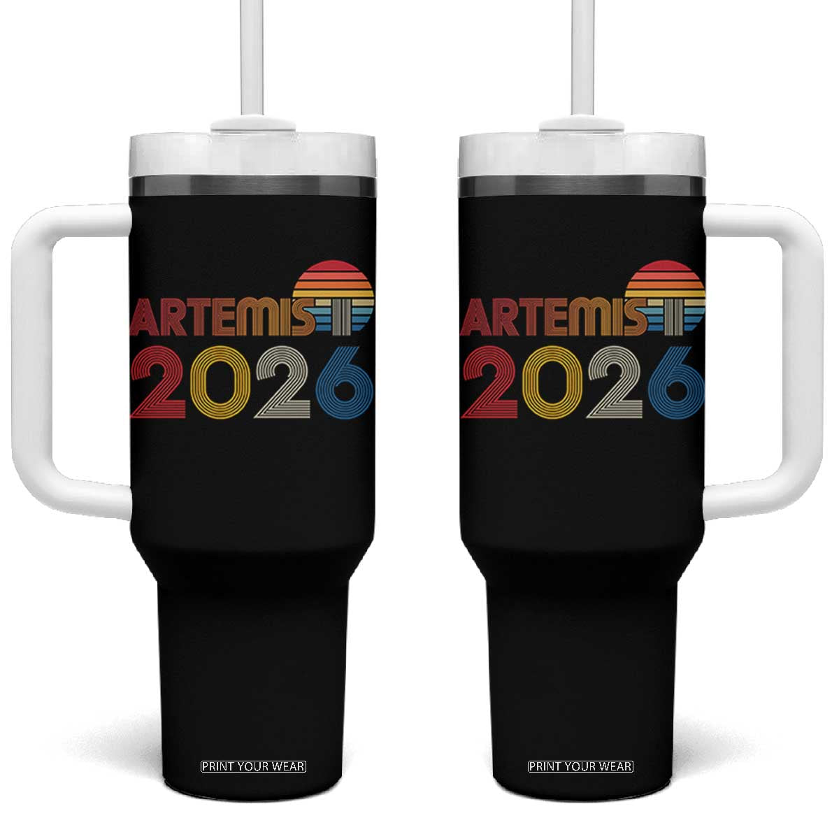 2026 Lunar Mission Retro Sunset Tumbler With Handle Vintage Space Exploration Astronomy Enthusiasts Sci-Fi Lovers TS02 One Size: 40 oz Black Print Your Wear