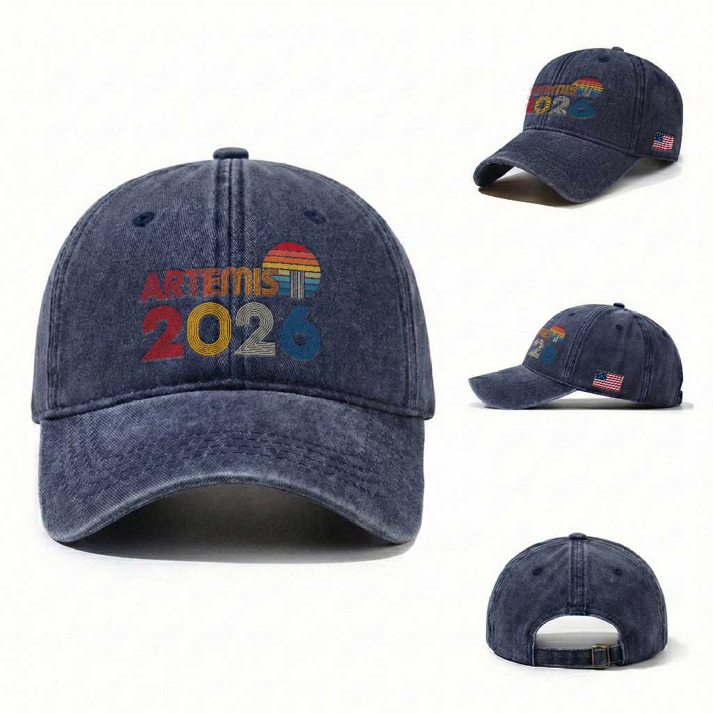 2026 Lunar Mission Retro Sunset Washed Cotton Baseball Cap Vintage Space Exploration Astronomy Enthusiasts Sci-Fi Lovers TS02 Washed Cap Universal Fit Navy Print Your Wear