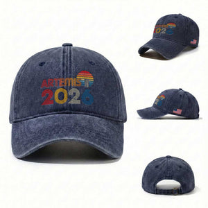 2026 Lunar Mission Retro Sunset Washed Cotton Baseball Cap Vintage Space Exploration Astronomy Enthusiasts Sci-Fi Lovers TS02 Washed Cap Universal Fit Navy Print Your Wear