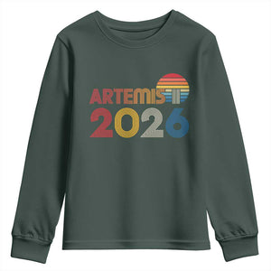 2026 Lunar Mission Retro Sunset Youth Sweatshirt Vintage Space Exploration Astronomy Enthusiasts Sci-Fi Lovers TS02 Dark Forest Green Print Your Wear