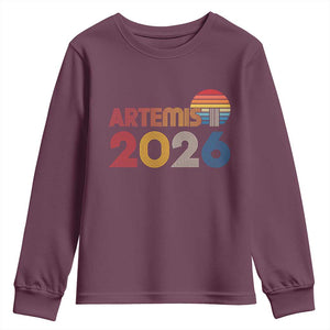 2026 Lunar Mission Retro Sunset Youth Sweatshirt Vintage Space Exploration Astronomy Enthusiasts Sci-Fi Lovers TS02 Maroon Print Your Wear