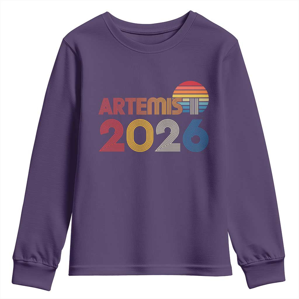 2026 Lunar Mission Retro Sunset Youth Sweatshirt Vintage Space Exploration Astronomy Enthusiasts Sci-Fi Lovers TS02 Purple Print Your Wear