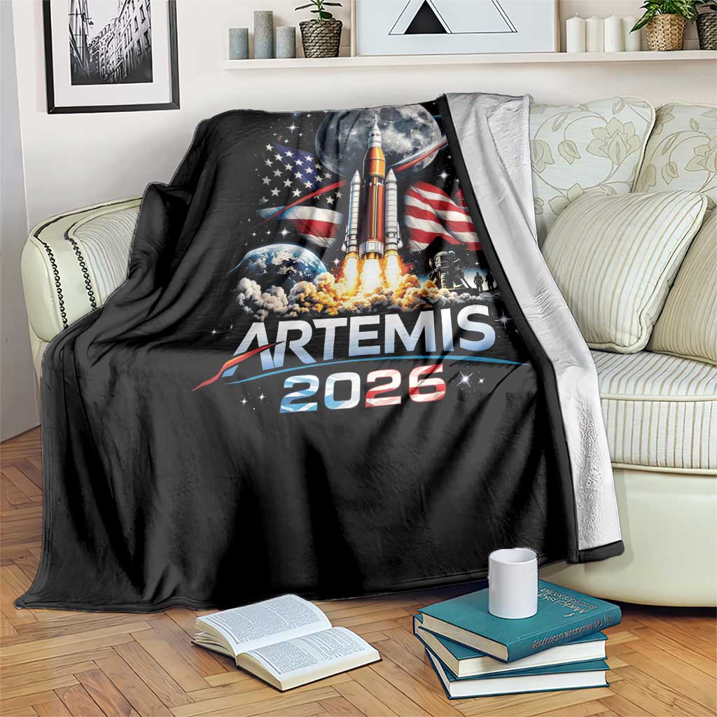 Patriotic 2026 Lunar Orbit Mission Rocket Launch Throw Blanket American Flag n Moon Patriotic Space Astronomy Enthusiasts TS02 Print Your Wear