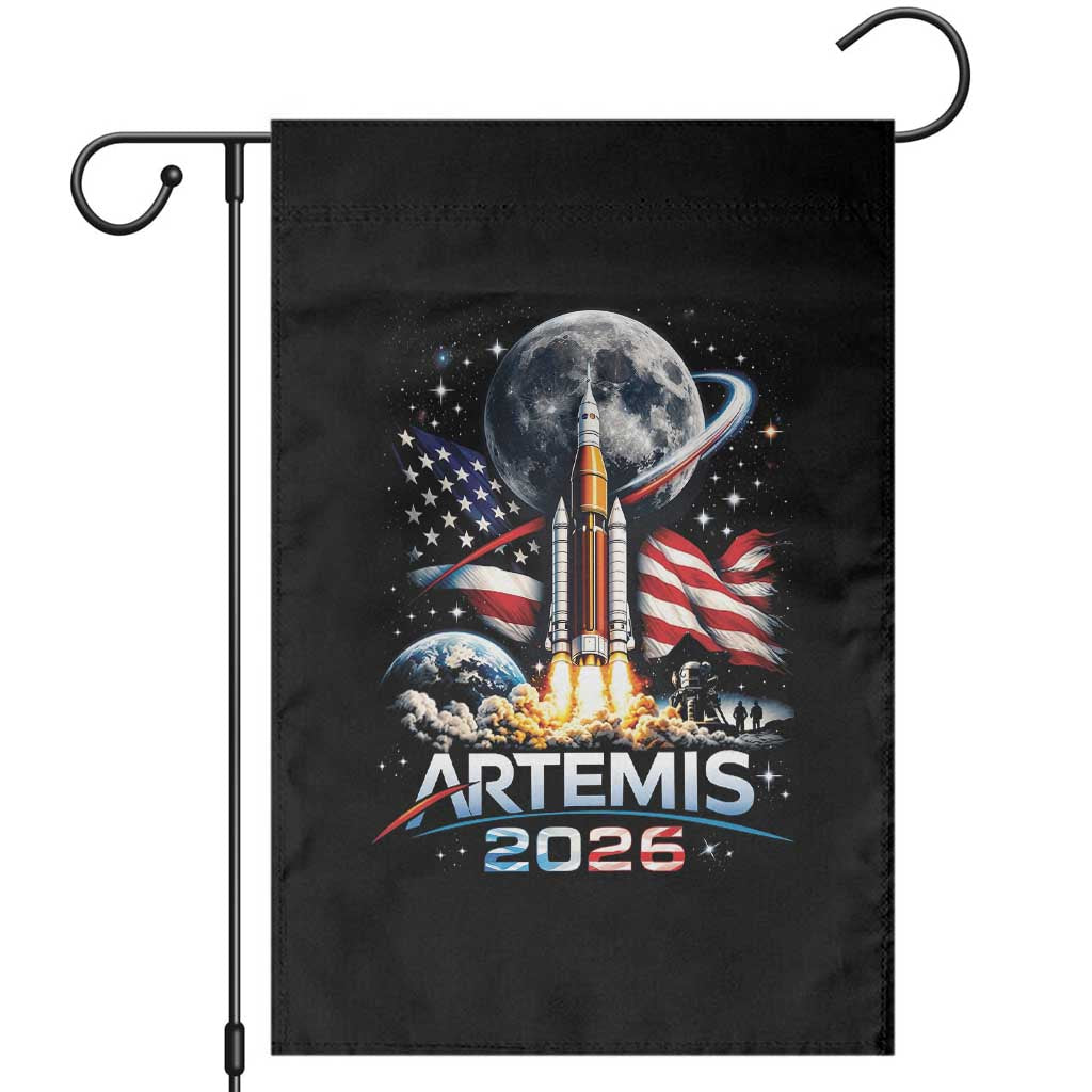 Patriotic 2026 Lunar Orbit Mission Rocket Launch Garden Flag American Flag n Moon Patriotic Space Astronomy Enthusiasts TS02 Black Print Your Wear
