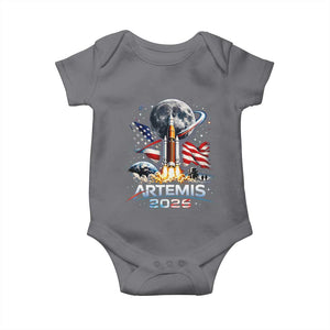 Patriotic 2026 Lunar Orbit Mission Rocket Launch Baby Onesie American Flag n Moon Patriotic Space Astronomy Enthusiasts TS02 Charcoal Print Your Wear