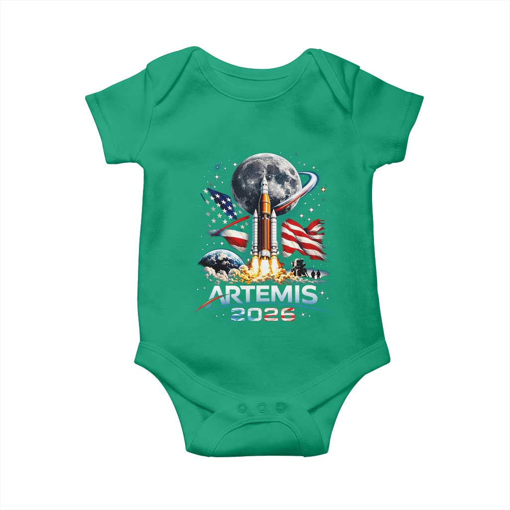 Patriotic 2026 Lunar Orbit Mission Rocket Launch Baby Onesie American Flag n Moon Patriotic Space Astronomy Enthusiasts TS02 Irish Green Print Your Wear