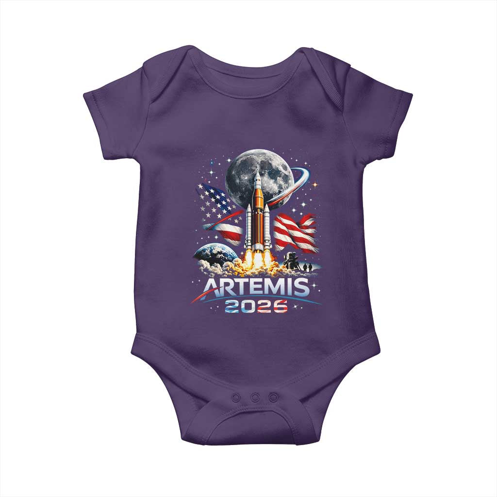 Patriotic 2026 Lunar Orbit Mission Rocket Launch Baby Onesie American Flag n Moon Patriotic Space Astronomy Enthusiasts TS02 Purple Print Your Wear