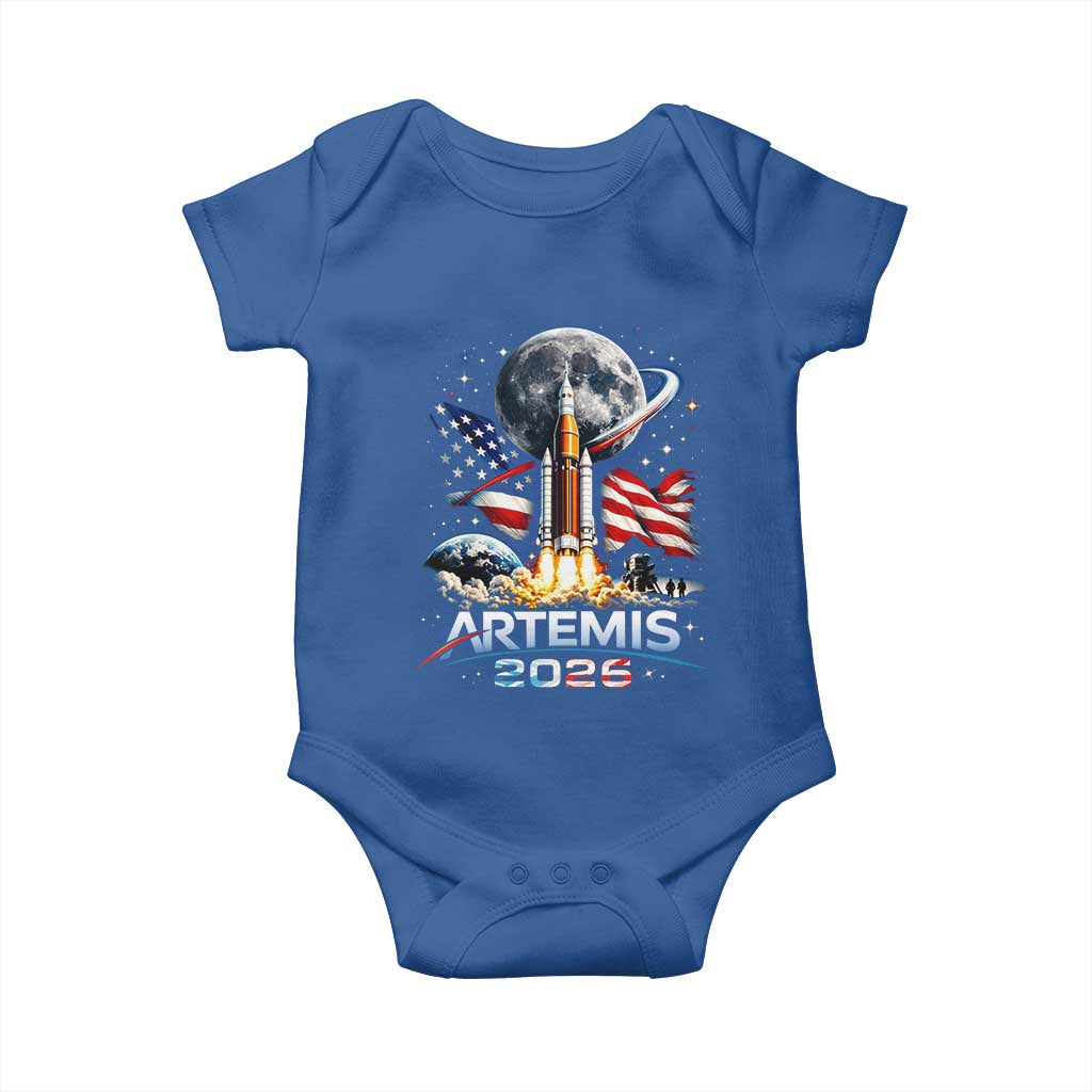 Patriotic 2026 Lunar Orbit Mission Rocket Launch Baby Onesie American Flag n Moon Patriotic Space Astronomy Enthusiasts TS02 Royal Blue Print Your Wear