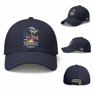 Patriotic 2026 Lunar Orbit Mission Rocket Launch Baseball Cap American Flag n Moon Patriotic Space Astronomy Enthusiasts TS02 Baseball Cap Universal Fit Navy Print Your Wear