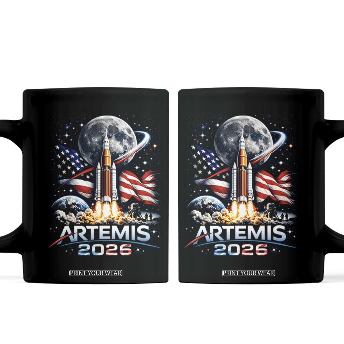 Patriotic 2026 Lunar Orbit Mission Rocket Launch Coffee Mug American Flag n Moon Patriotic Space Astronomy Enthusiasts TS02 Black Print Your Wear