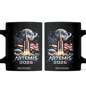 Patriotic 2026 Lunar Orbit Mission Rocket Launch Coffee Mug American Flag n Moon Patriotic Space Astronomy Enthusiasts TS02 Black Print Your Wear