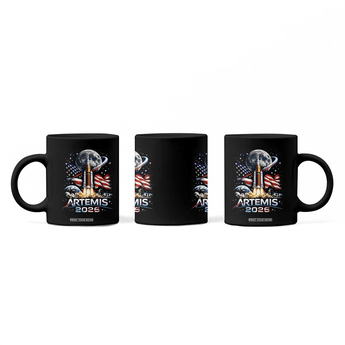 Patriotic 2026 Lunar Orbit Mission Rocket Launch Coffee Mug American Flag n Moon Patriotic Space Astronomy Enthusiasts TS02 Print Your Wear