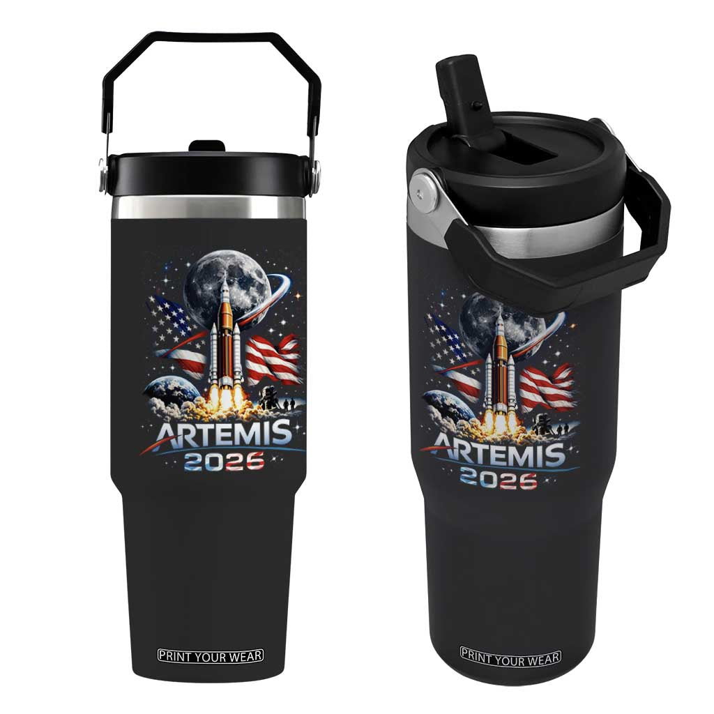 Patriotic 2026 Lunar Orbit Mission Rocket Launch Flip Straw Tumbler American Flag n Moon Patriotic Space Astronomy Enthusiasts TS02 One Size: 30 oz Black Print Your Wear