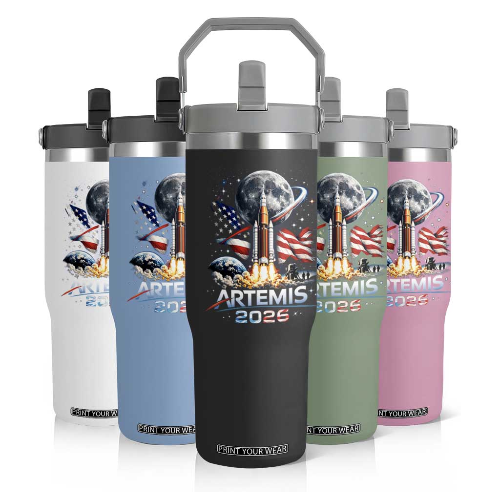 Patriotic 2026 Lunar Orbit Mission Rocket Launch Flip Straw Tumbler American Flag n Moon Patriotic Space Astronomy Enthusiasts TS02 Print Your Wear
