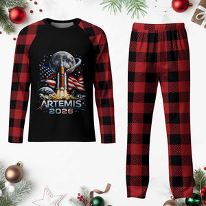 Patriotic 2026 Lunar Orbit Mission Rocket Launch Plaid Pajama Set American Flag n Moon Patriotic Space Astronomy Enthusiasts TS02 Buffalo Plaid Print Your Wear